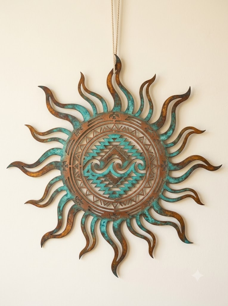 Turquoise Sun Metal Art, Tribal Southwestern Outdoor Garden Decor