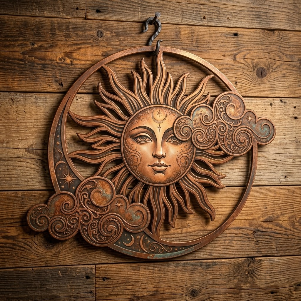 Sun Cloud Metal Art, Celestial Sun Face Wall Decor, Rustic Garden Outdoor Patio Sign