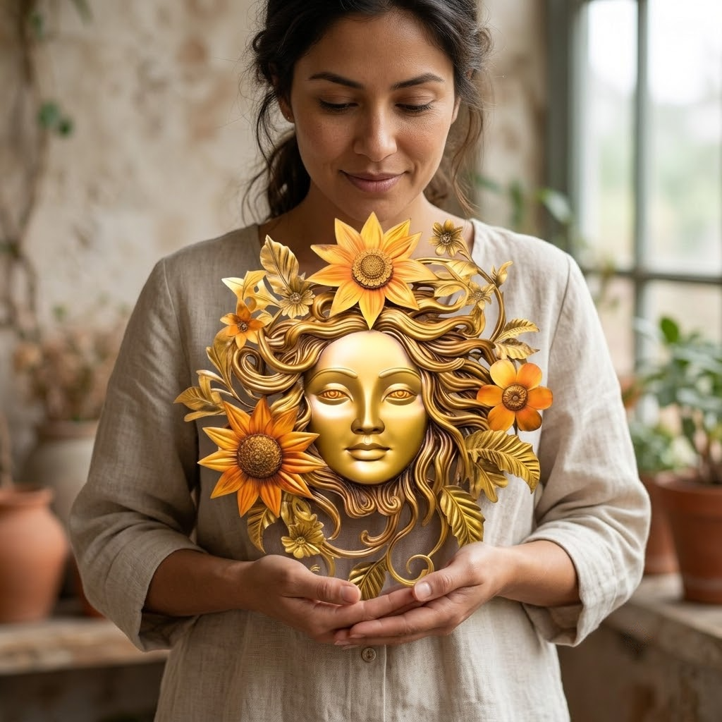 Golden Early Spring Sun Goddess Metal Wall Art