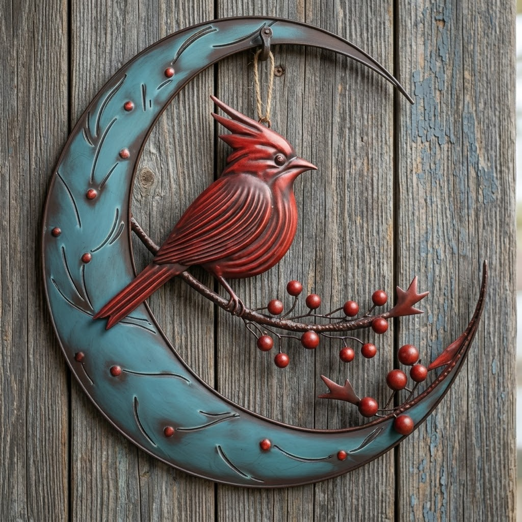 Crescent Moon Cardinal Winter Berries Metal Wall Art