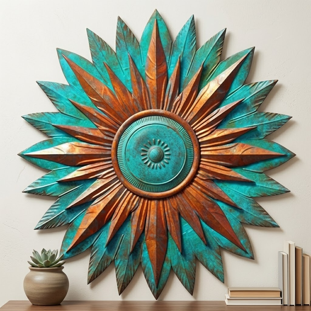 Stunning Turquoise Patina Southwestern Sunburst Metal Wall Art, Desert Crown Decor