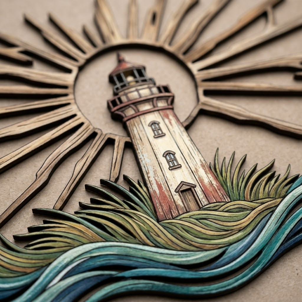 Warm Sunset Lighthouse Art, Driftwood Rays, Coastal Grasses Decor