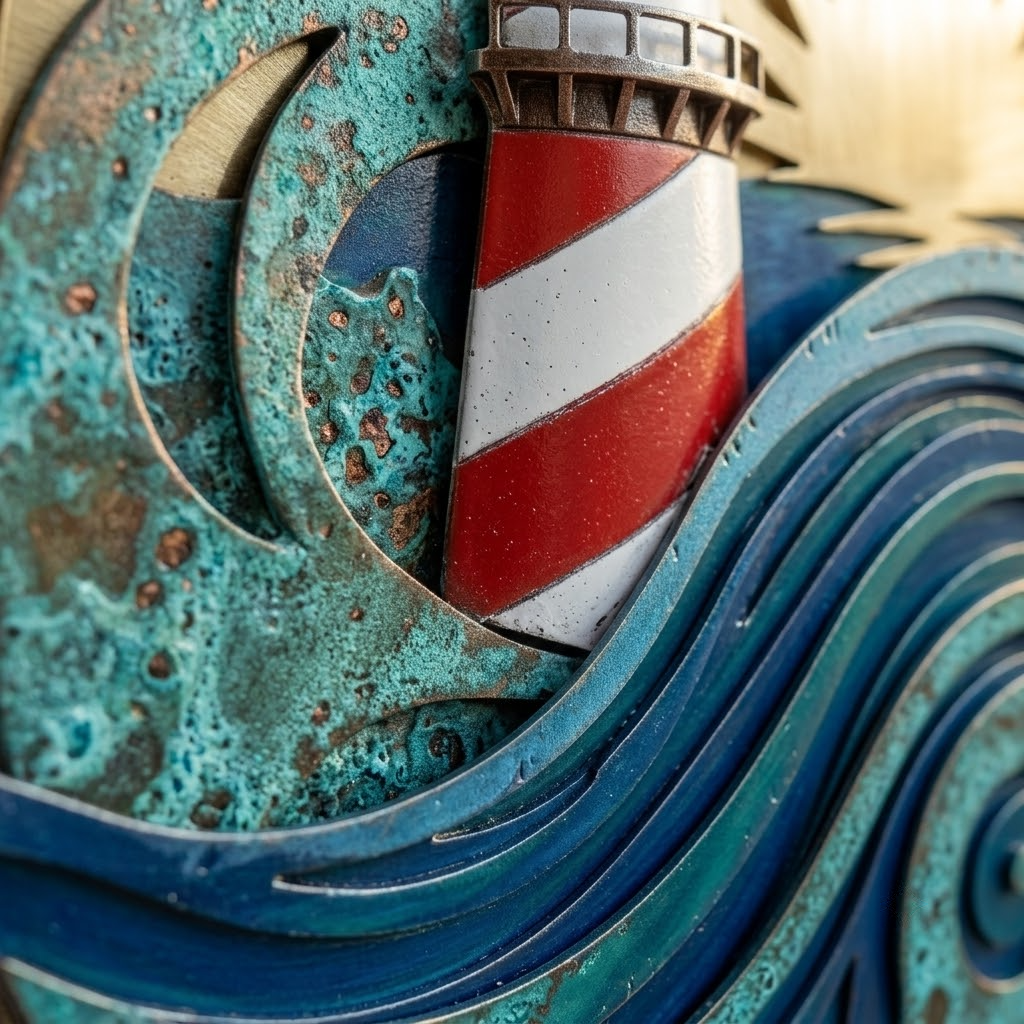 Lighthouse Sunrise Metal Art, Ocean Wave Decor, Coastal Beach House Sign, Round Nautical Plaque