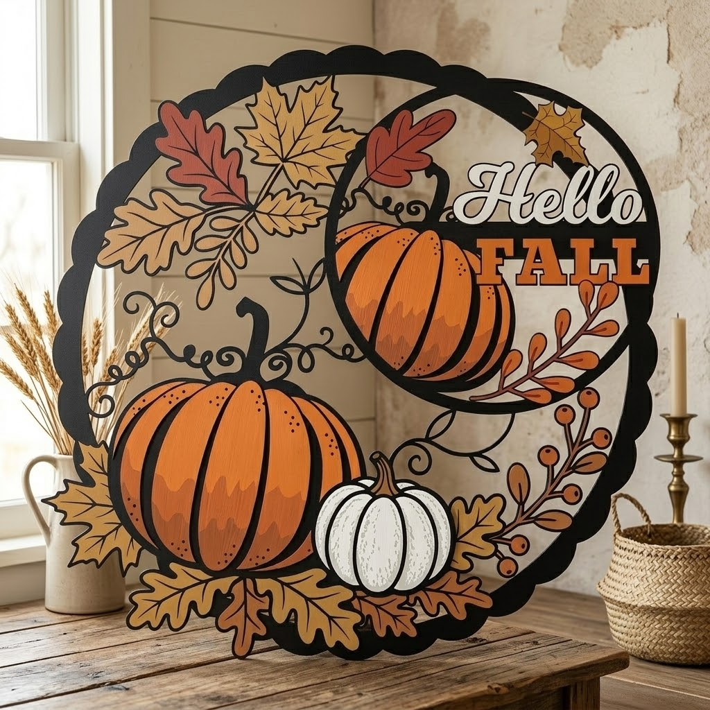 Autumn Pumpkin Metal Wall Art, Fall Leaves Decor For Farmhouse Home