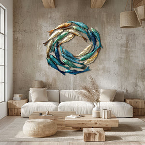 Circle School of Fish Metal Wall Art Coastal – UV Printed Decor Beach Indoor Outdoor