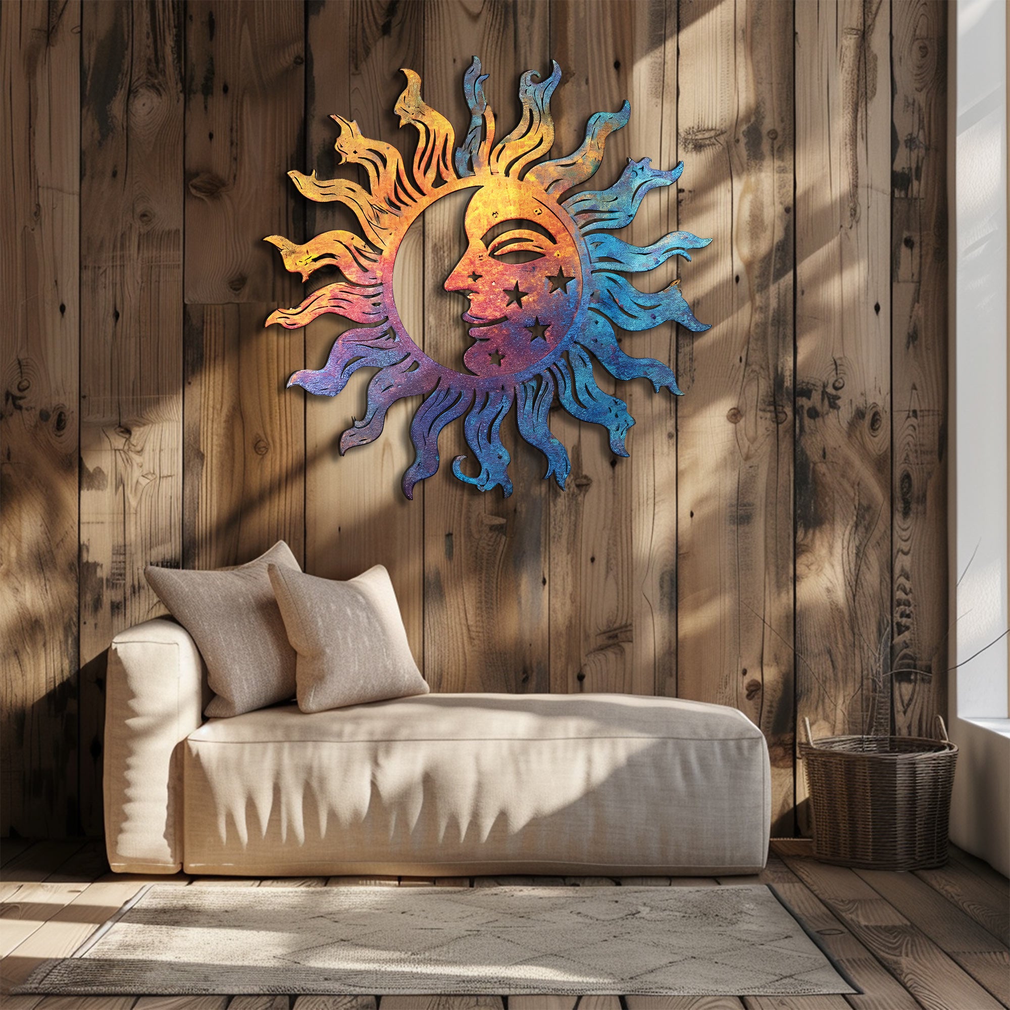 Colorful Sun Moon Metal Wall Art – UV Printed Aluminum Decor Boho Indoor Outdoor