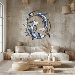 Blue White Koi Fish Metal Wall Art – UV Printed Aluminum Decor Feng Shui Zen Indoor Outdoor