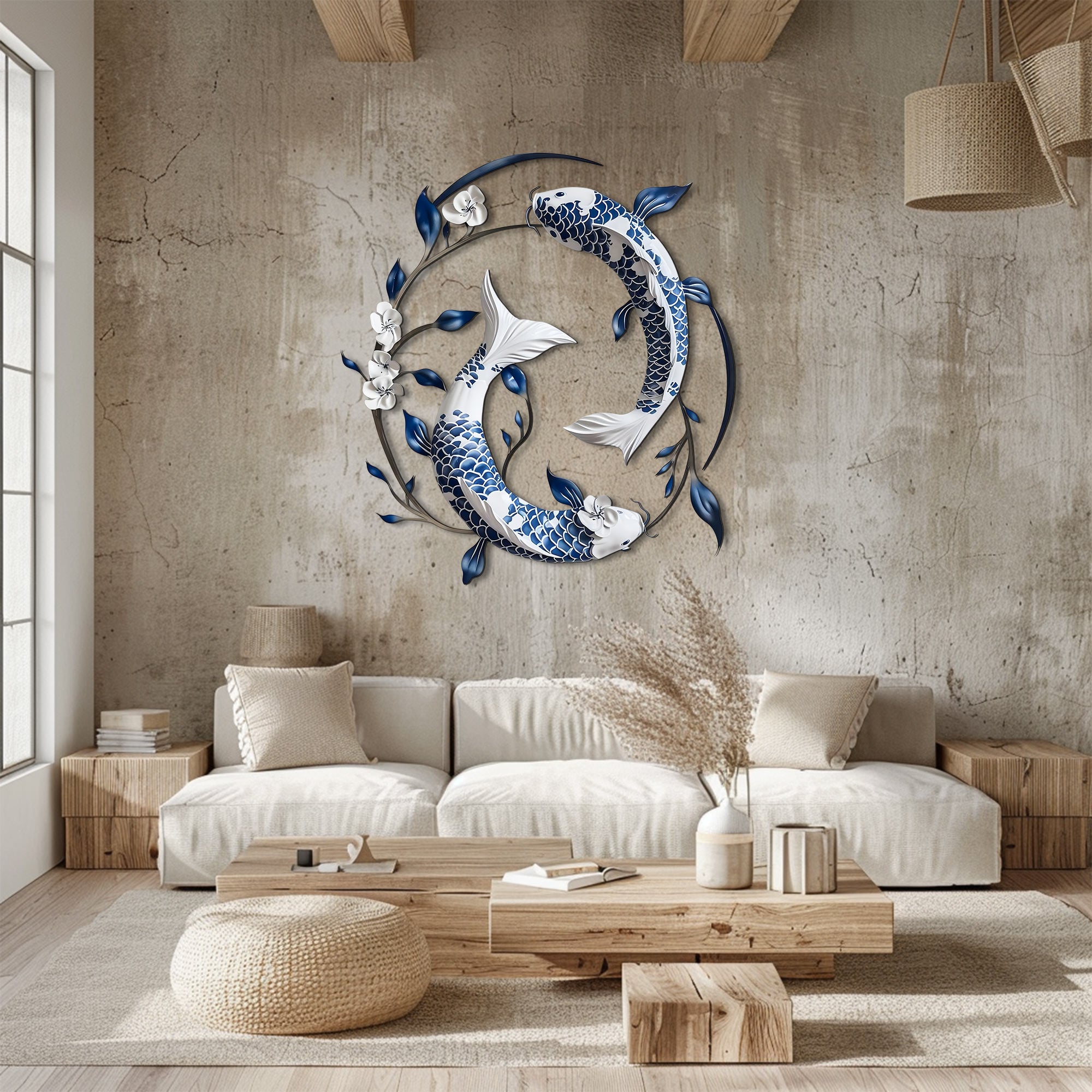 Blue White Koi Fish Metal Wall Art – UV Printed Aluminum Decor Feng Shui Zen Indoor Outdoor