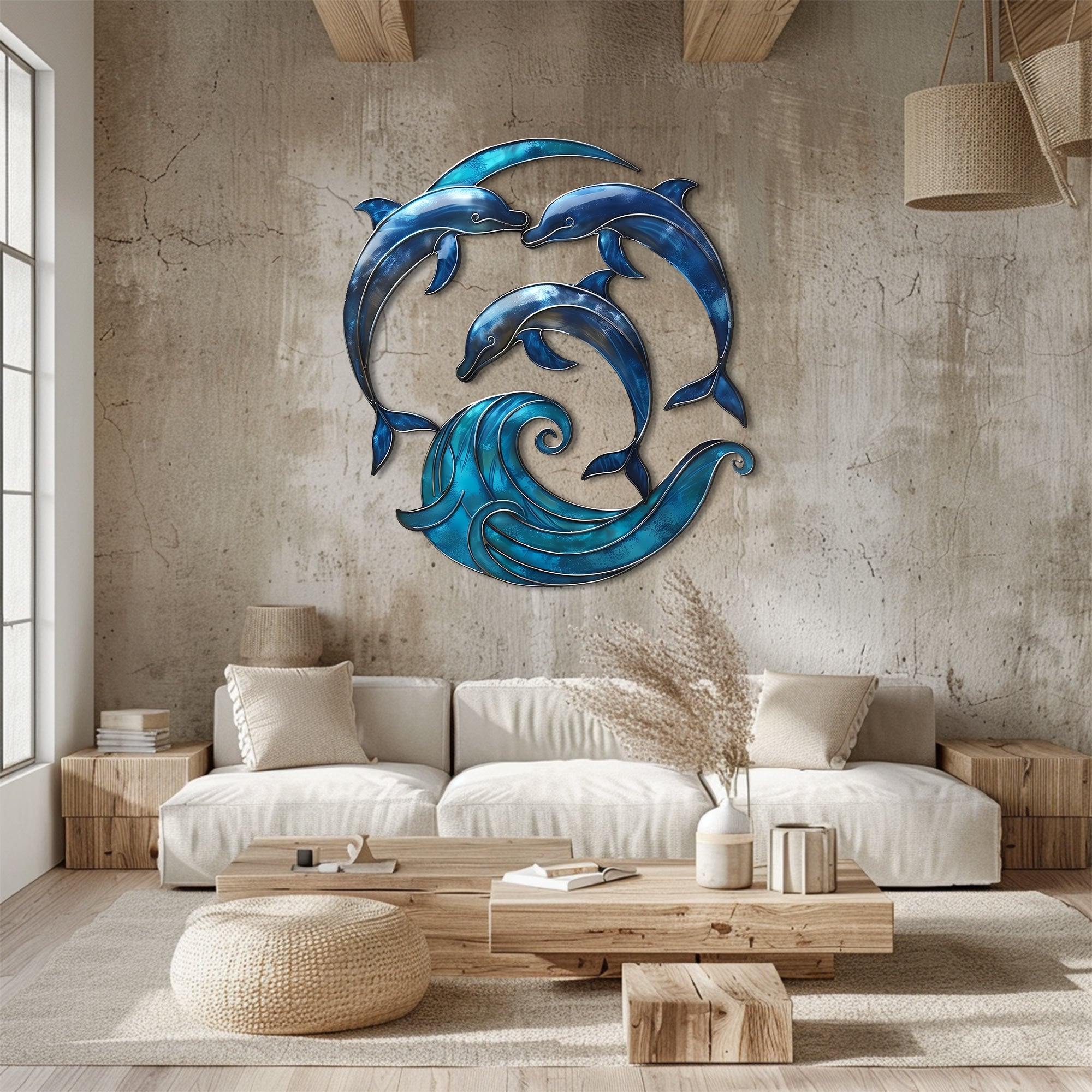 Dolphin Wave Metal Wall Art – UV Printed Aluminum Coastal Decor Ocean Indoor Outdoor