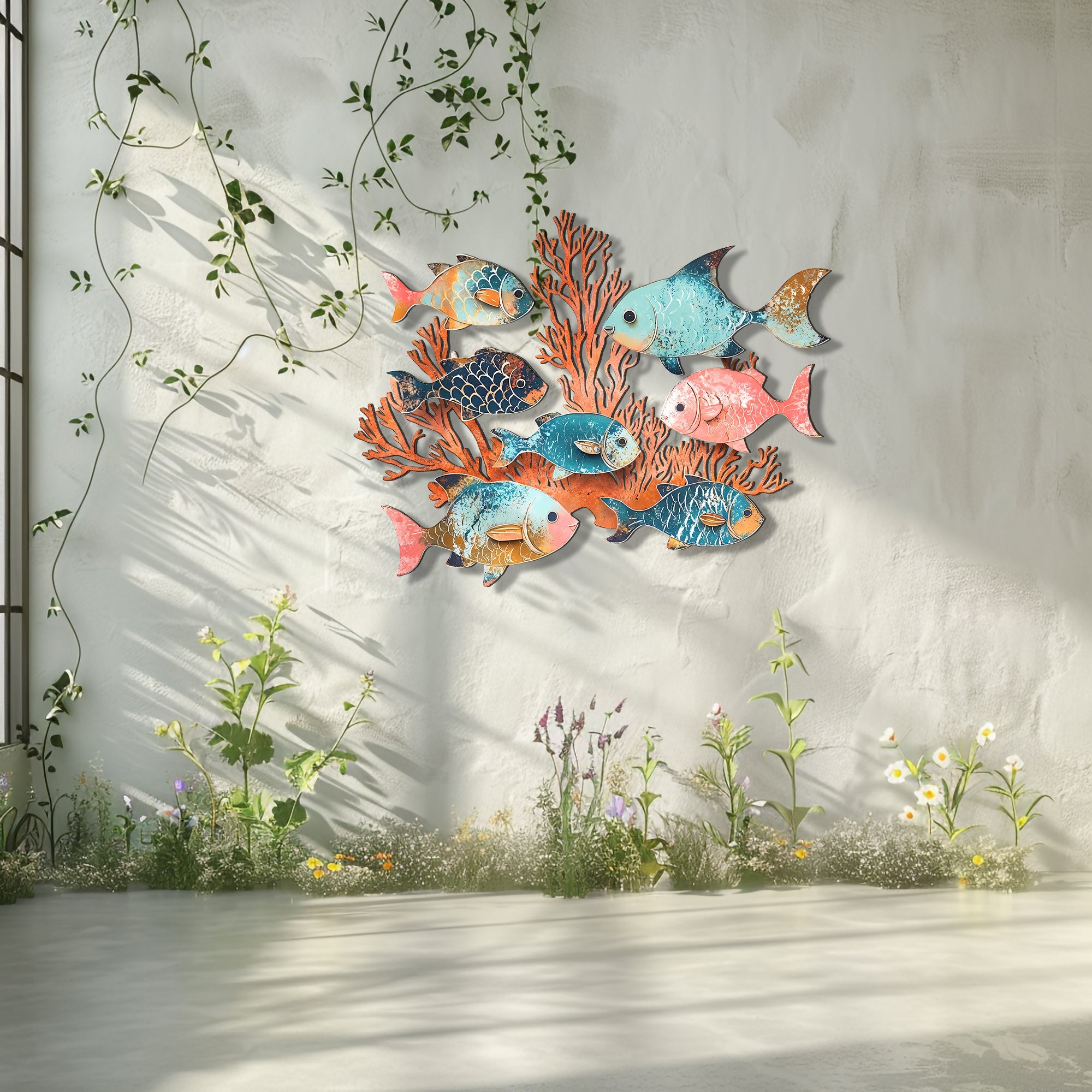 Coral School of Fish Metal Wall Art – UV Printed Coastal Decor Beach Indoor Outdoor