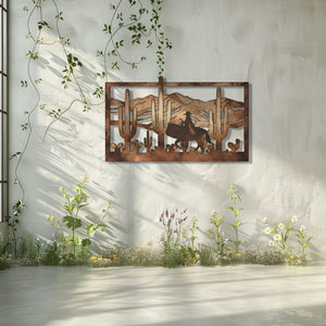 Western Cowboy Metal Wall Art – Desert Cactus Horse Decor Rustic Ranch Outdoor Indoor