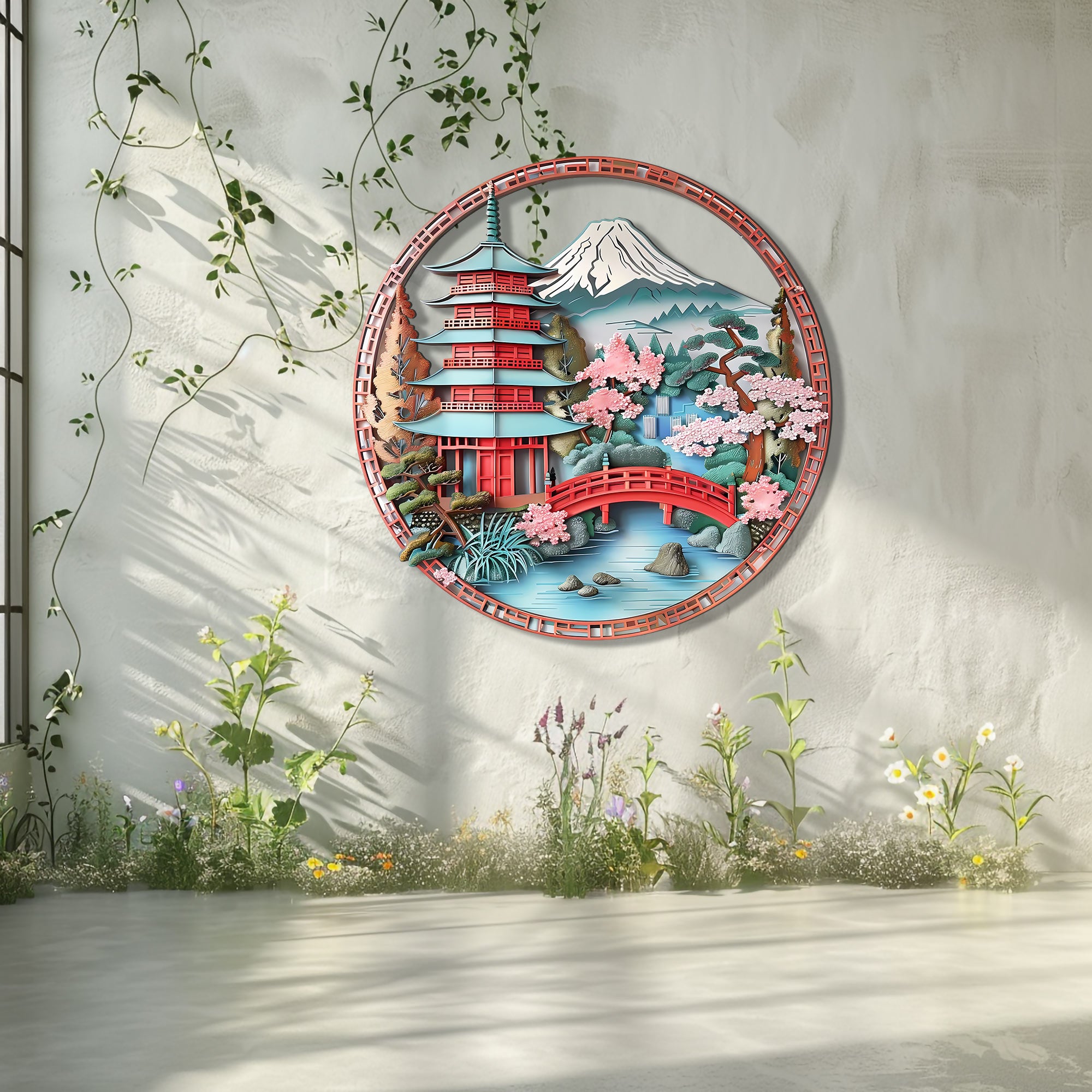 Japanese Pagoda Wall Art Sakura Landscape Decor – Asian Mountain Fuji Bridge Scene Metal Wall Decor Zen Home Decor