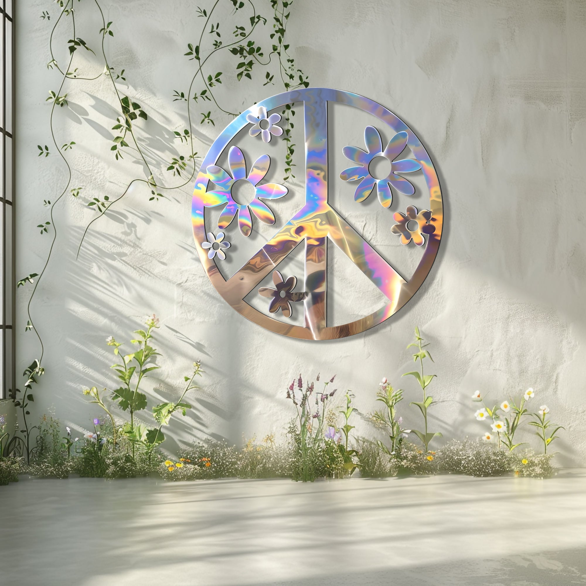 Peace Sign Wall Art – Boho Floral Metal Decor