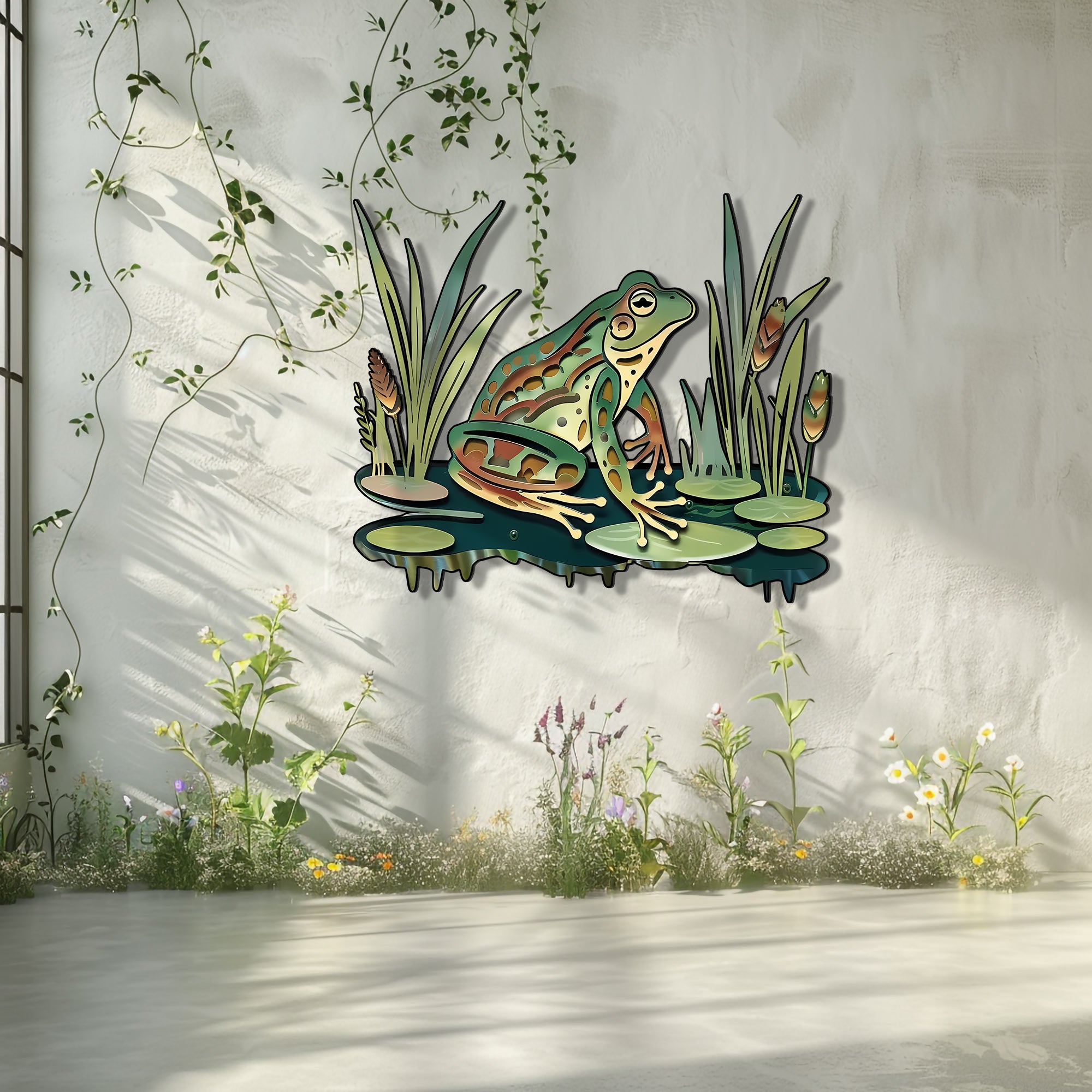 Frog Pond Metal Wall Art Lily Pad Nature Wall Decor Green Frog Garden Decor Rustic Wall Hanging