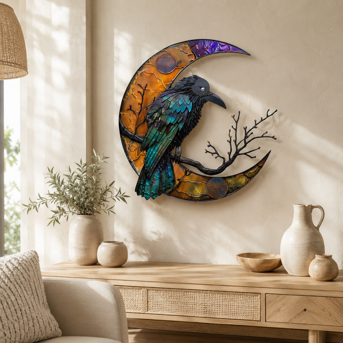 Crescent Moon Raven Metal Wall Art