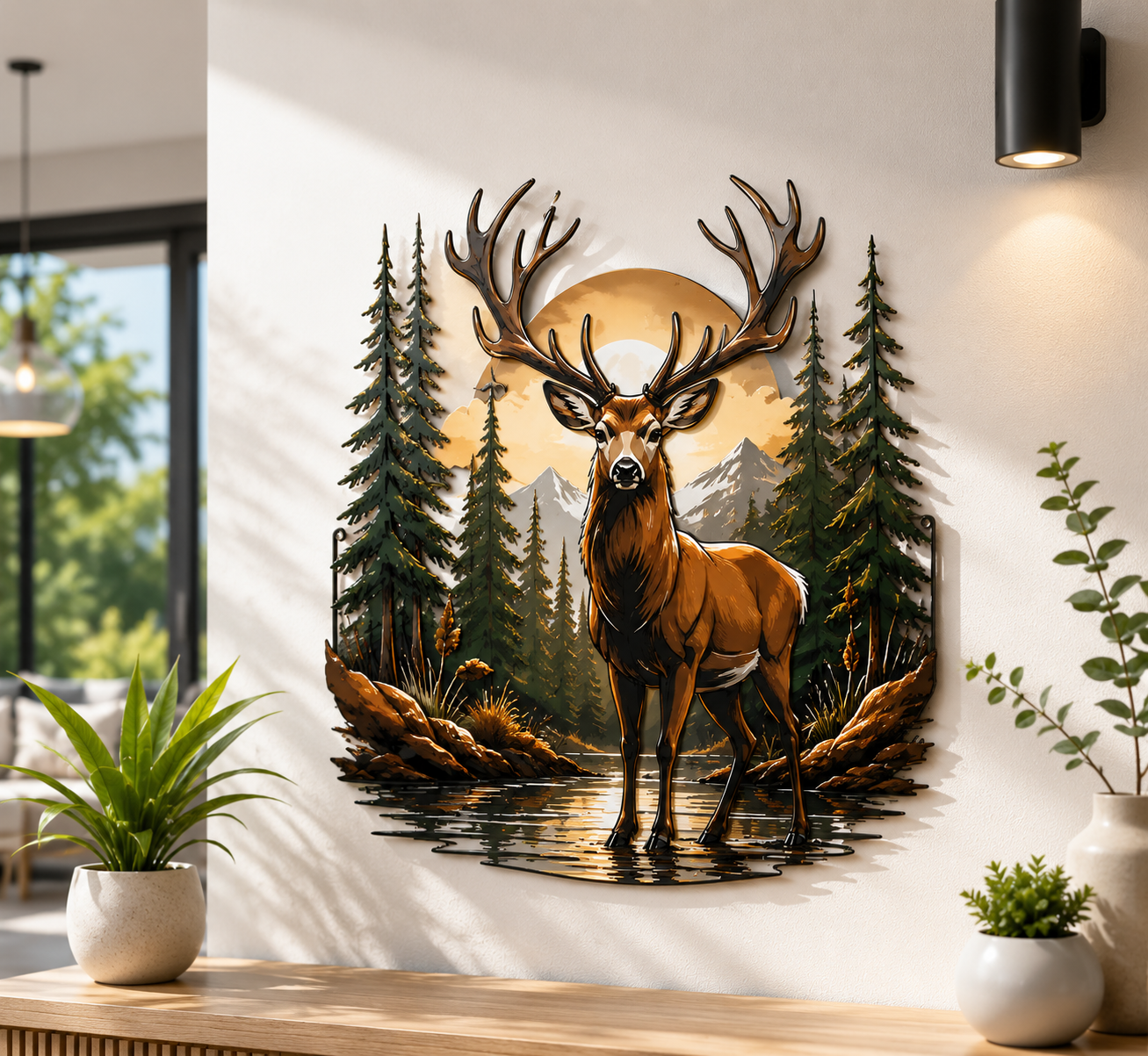 Large Wall Decor Stag Metal Art Double Deer Lodge Rustic Mountain Scene Nature Forest Home Living Room Modern Accent Decor