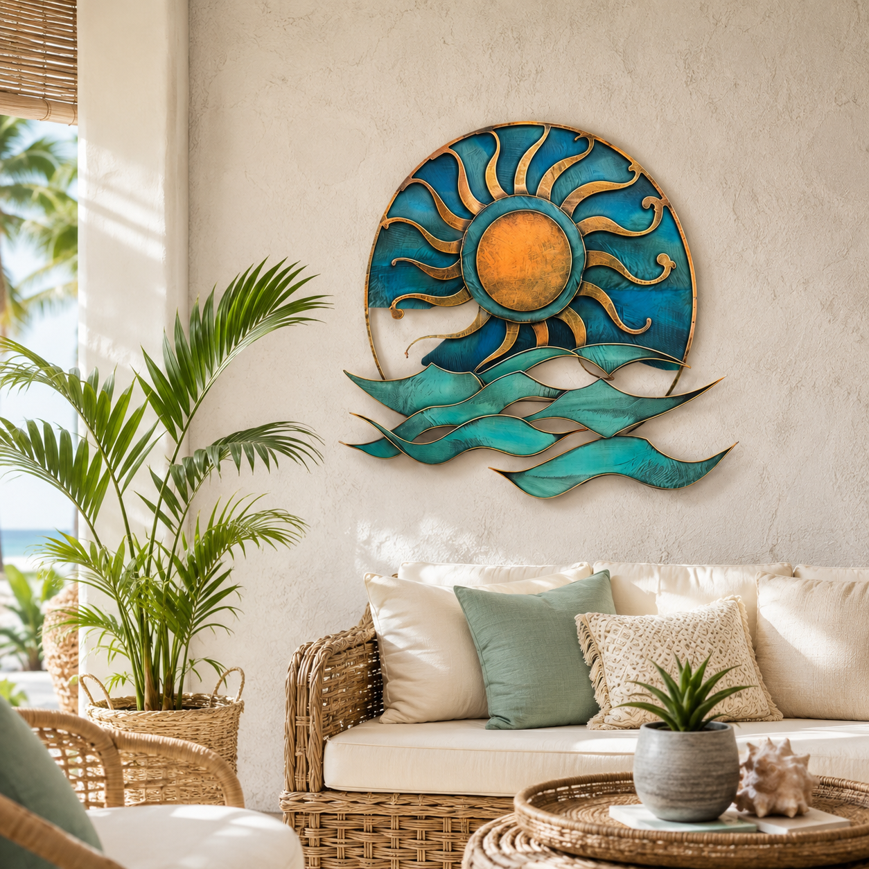 Blue Ocean Sunburst Sign, Beach House Decor, UV Printed Aluminum