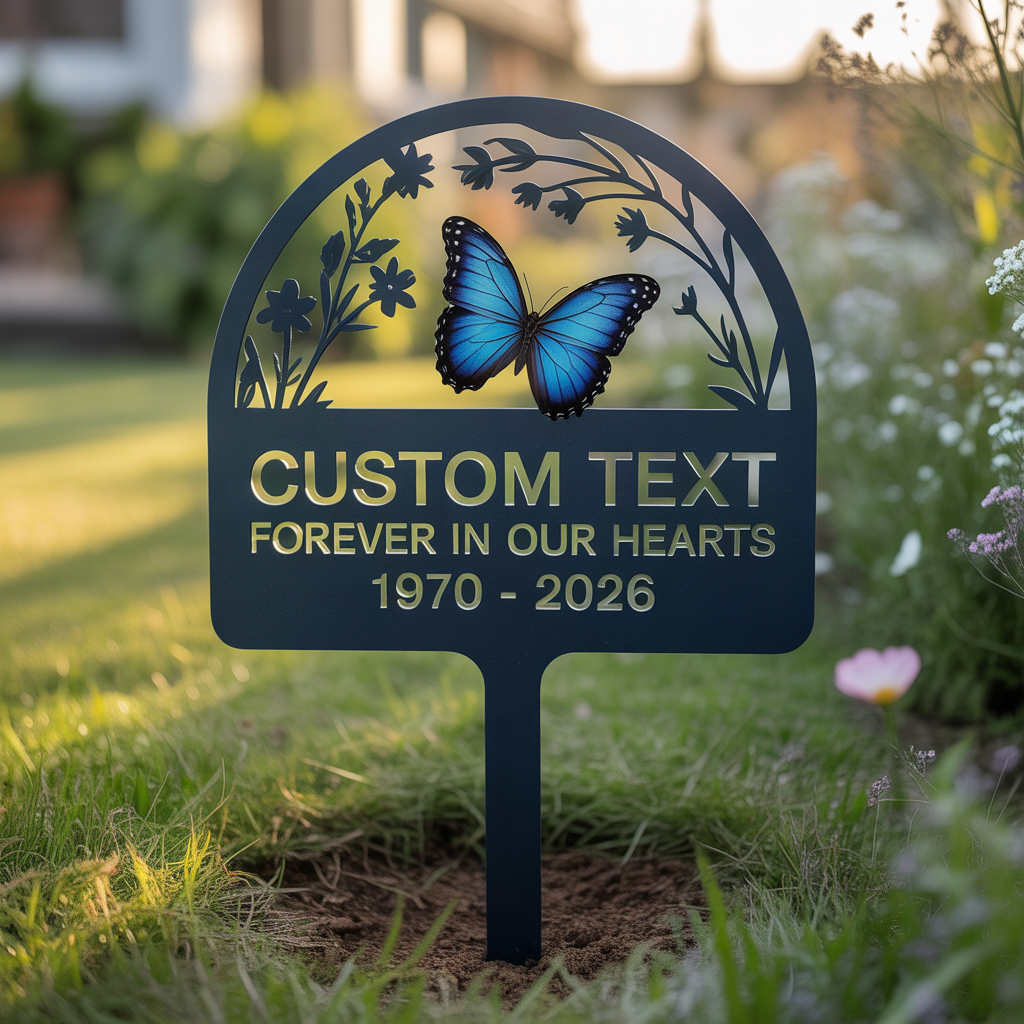 Blue Butterfly Memorial Metal Sign, Remembrance Garden Decor