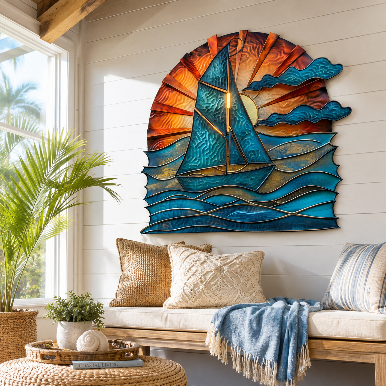 Sailboat Wave Sunburst Metal Wall Art Colorful Coastal Ocean Decor
