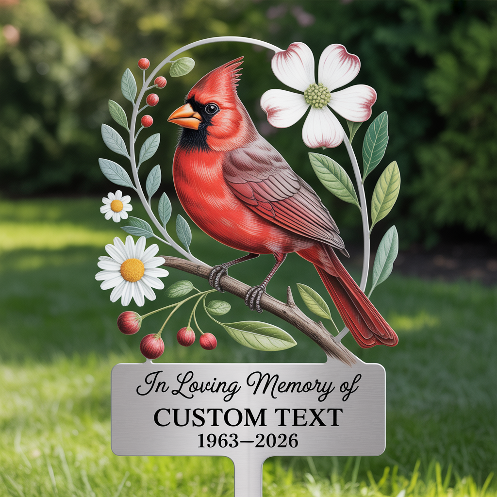 Red Cardinal Memorial Garden Stake, Personalized Metal Sign Remembrance Yard Decor, Sympathy Gift