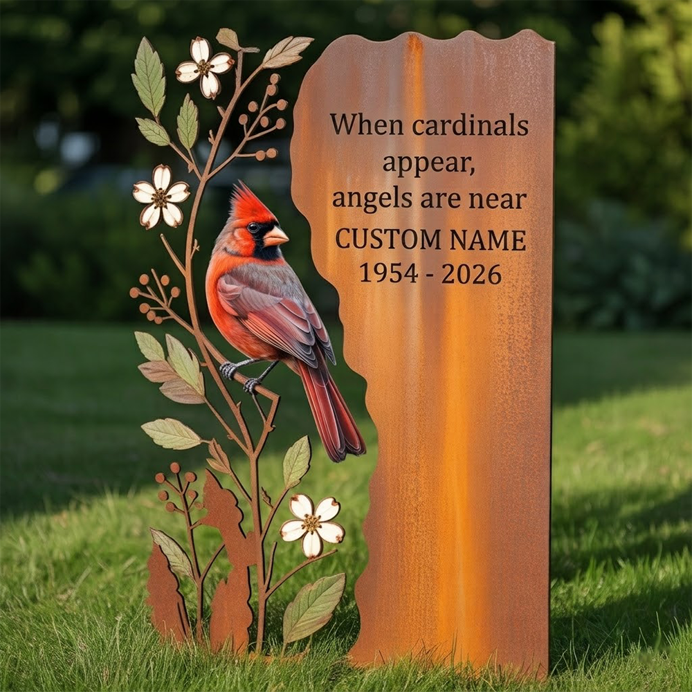 Personalized Cardinal Memorial Garden Stake, Red Cardinal Sympathy Metal Sign Yard Decor