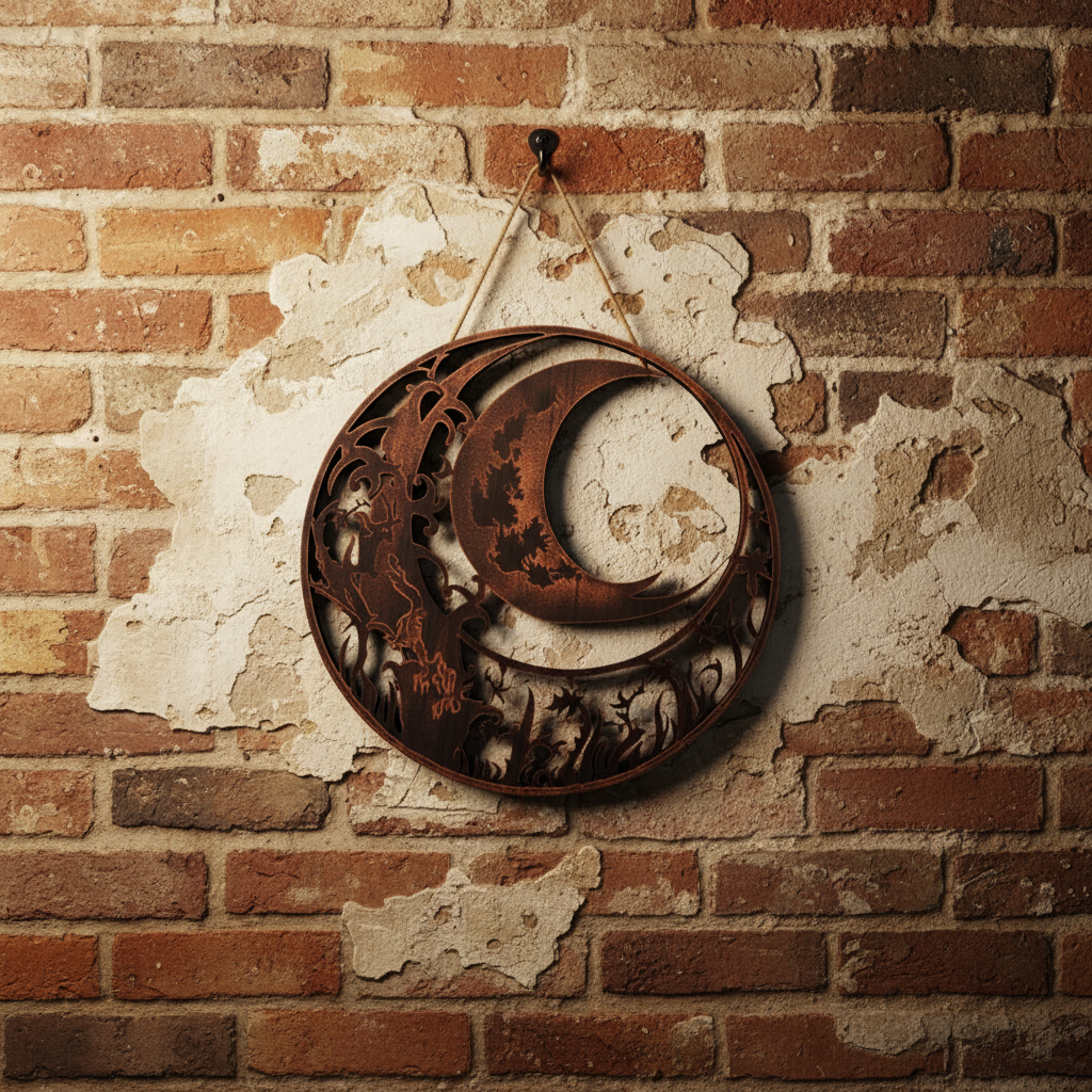 Elegant Witch Crescent Moon Metal Wall Art