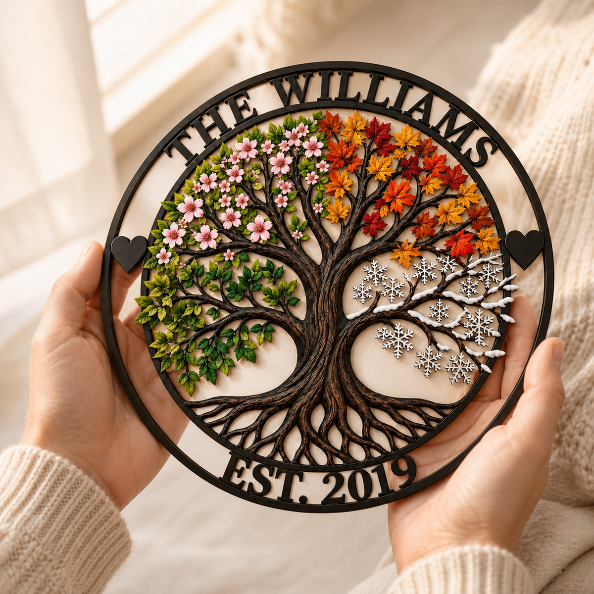 Personalized Four Season Family Tree Metal Wall Art Custom Family Name Sign