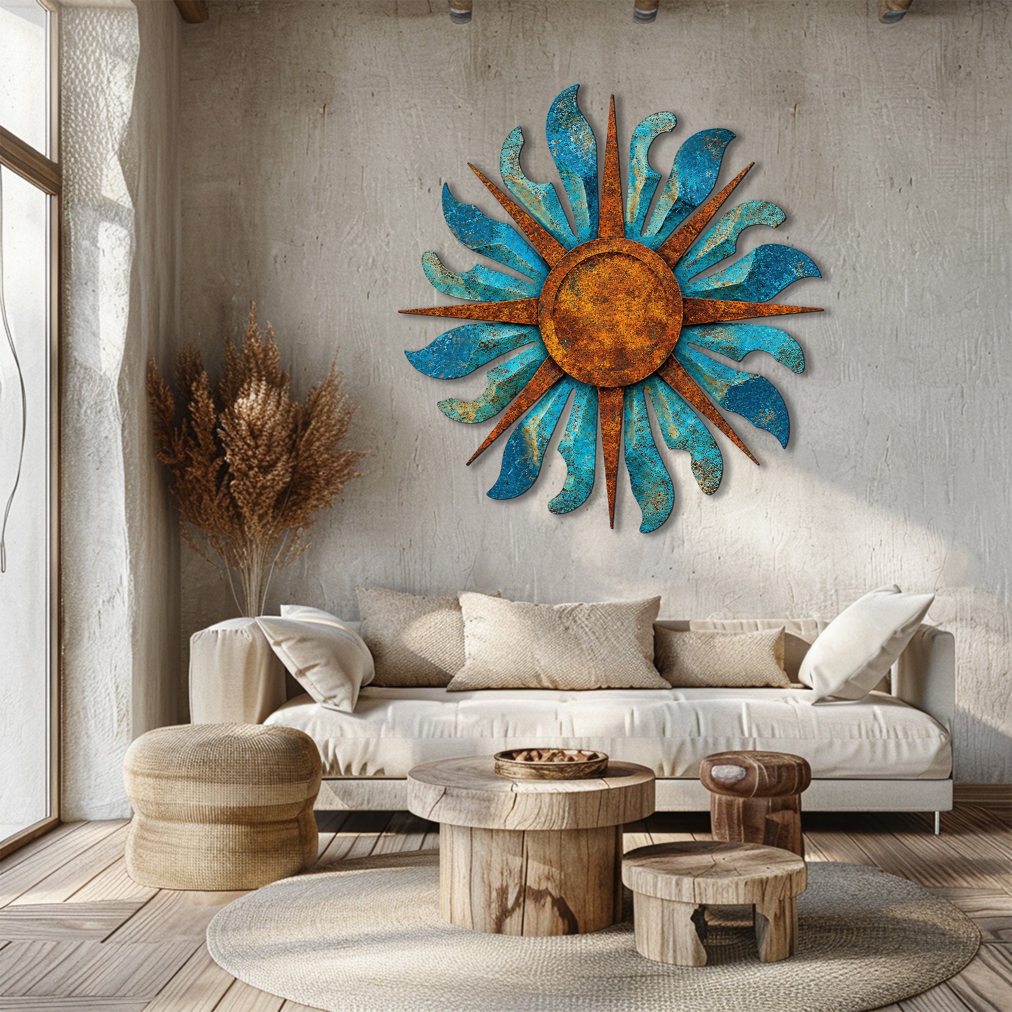 Turquoise Sun Metal Wall Art Blue Sunburst Wall Decor Rustic Aluminum Sign Indoor Outdoor Home Decor