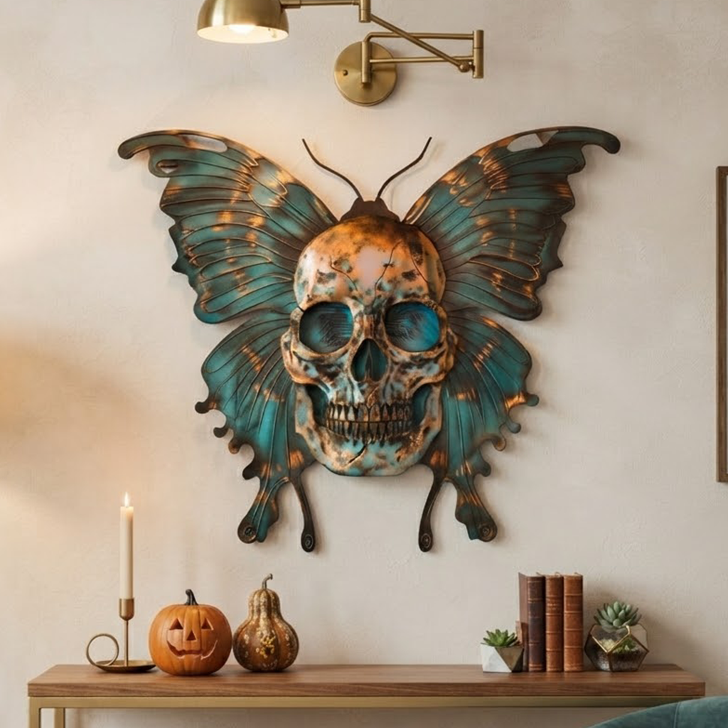 Vibrant Colorful Skull Moth Cutout Metal Wall Art