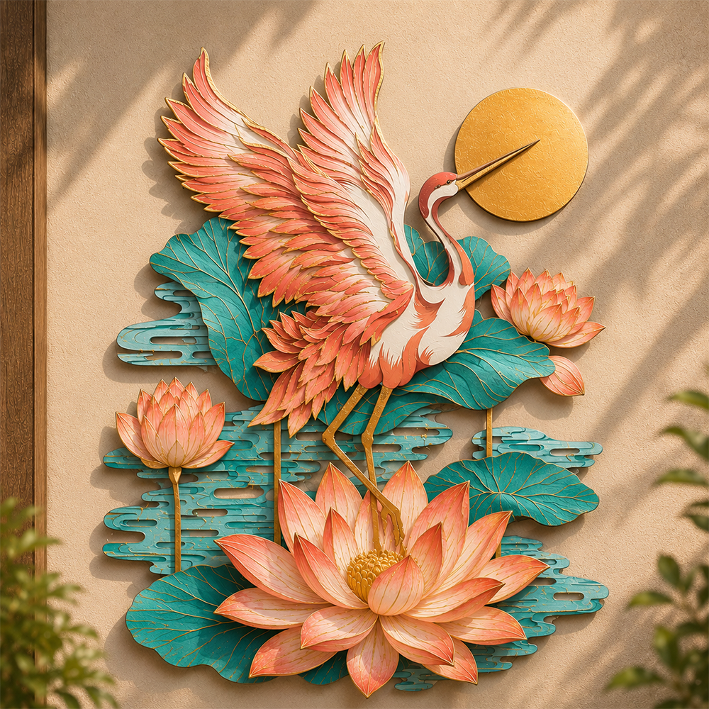Crane and Lotus Metal Wall Art Pink Heron Bird Decor Asian Zen Garden Wall Hanging Pond Nature Outdoor Sign