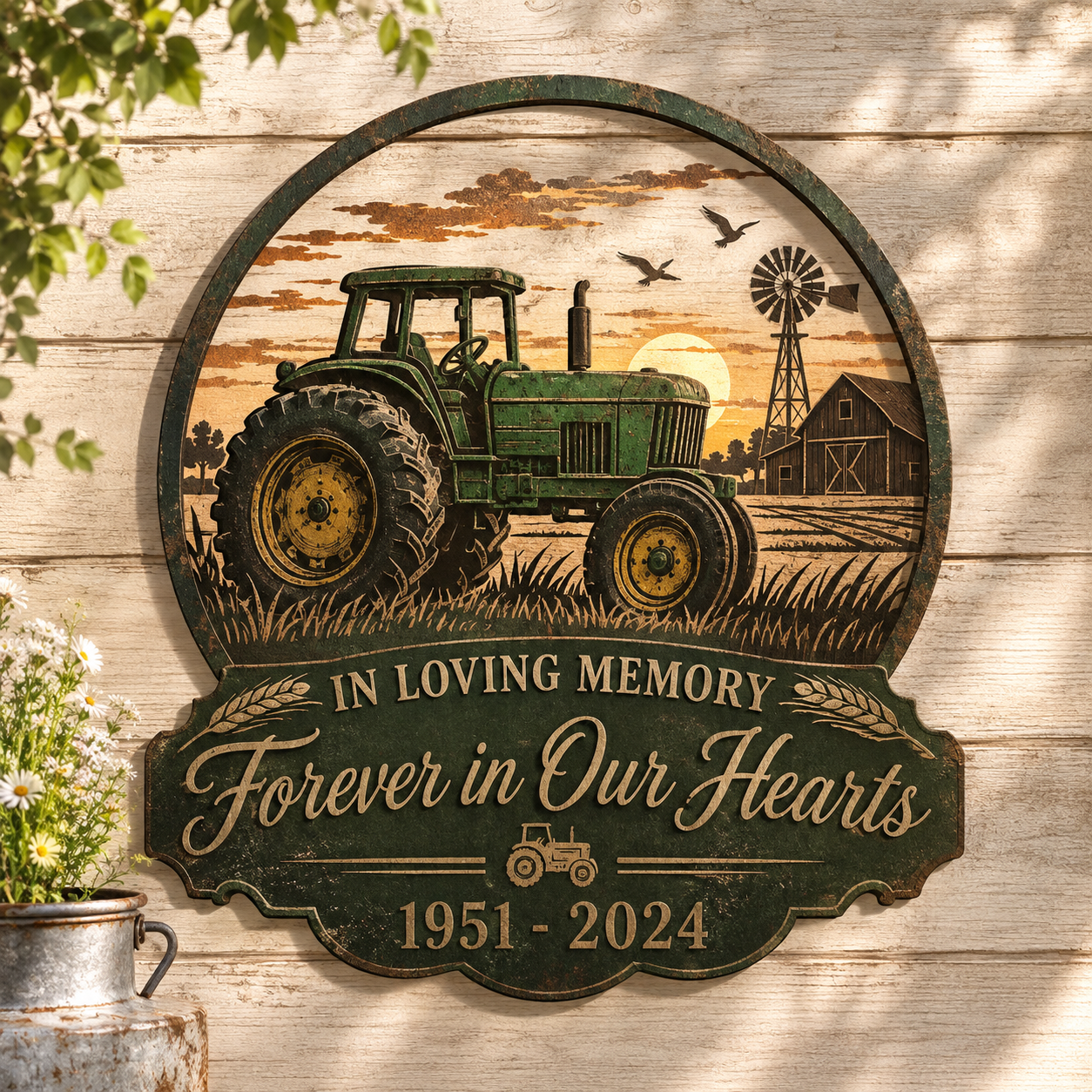 Personalized Tractor Memorial Garden Stake, Green Farm Tractor Metal Sign