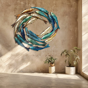 Circle School of Fish Metal Wall Art Coastal – UV Printed Decor Beach Indoor Outdoor