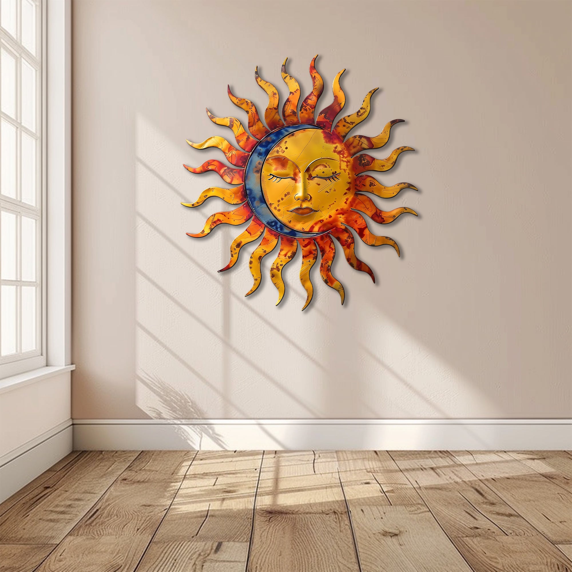 Sunburst Moon Metal Wall Art – UV Printed Aluminum Decor Custom Rustic Indoor Outdoor