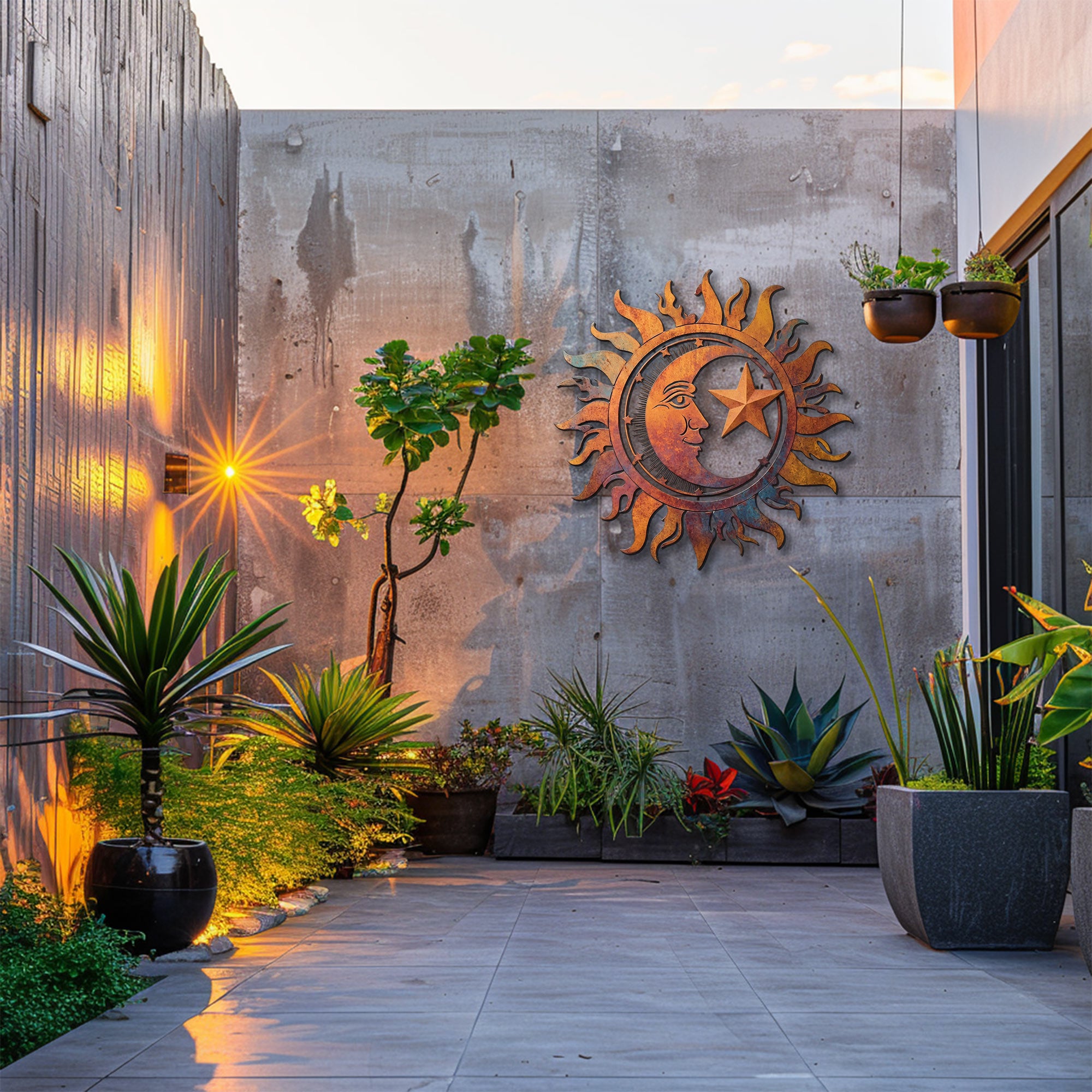 Rustic Sun Moon Star Metal Wall Art – UV Printed Decor Boho Indoor Outdoor