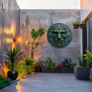 Green Man Face Metal Wall Art – UV Printed Aluminum Forest Spirit Garden Decor Indoor Outdoor V1