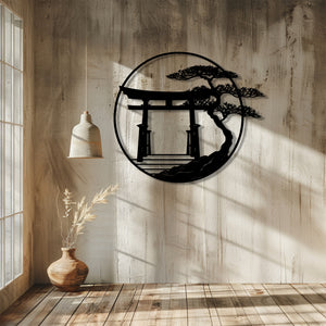 Japanese Torii Gate Metal Wall Art Zen Decor – Minimalist Asian Wall Hanging Bonsai Tree Home Decor