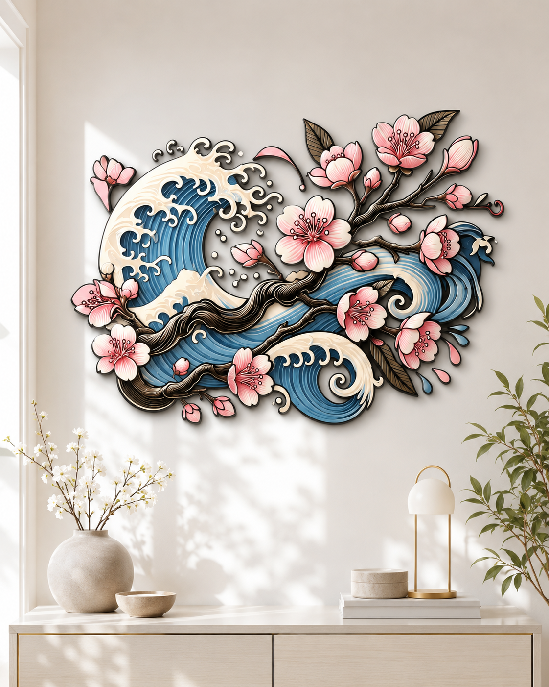 Japanese Wave Cherry Blossom Metal Wall Art Red Sun Ocean Sakura 2D Aluminum Wall Decor Modern Nature Wall Sign Asian Inspired Home Decor