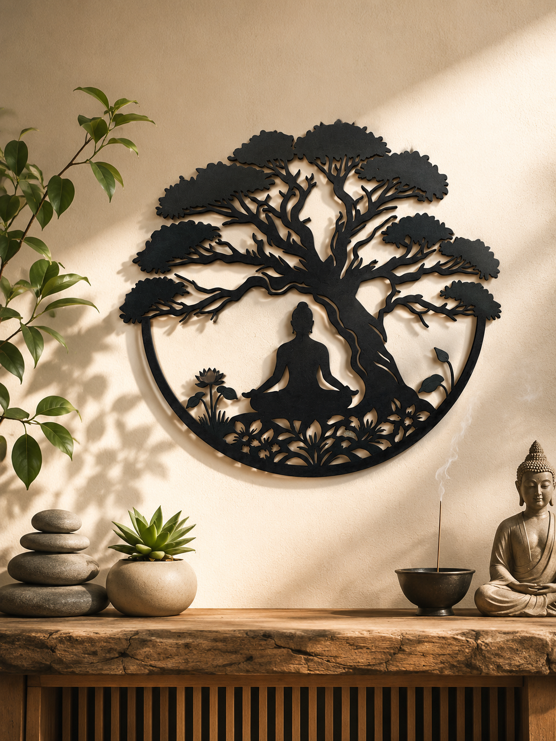 Zen Buddha Meditation Tree Metal Wall Art Sun Moon Silhouette Spiritual Yoga Decor Modern Zen Home Outdoor Patio Gift For Wall Decor Style