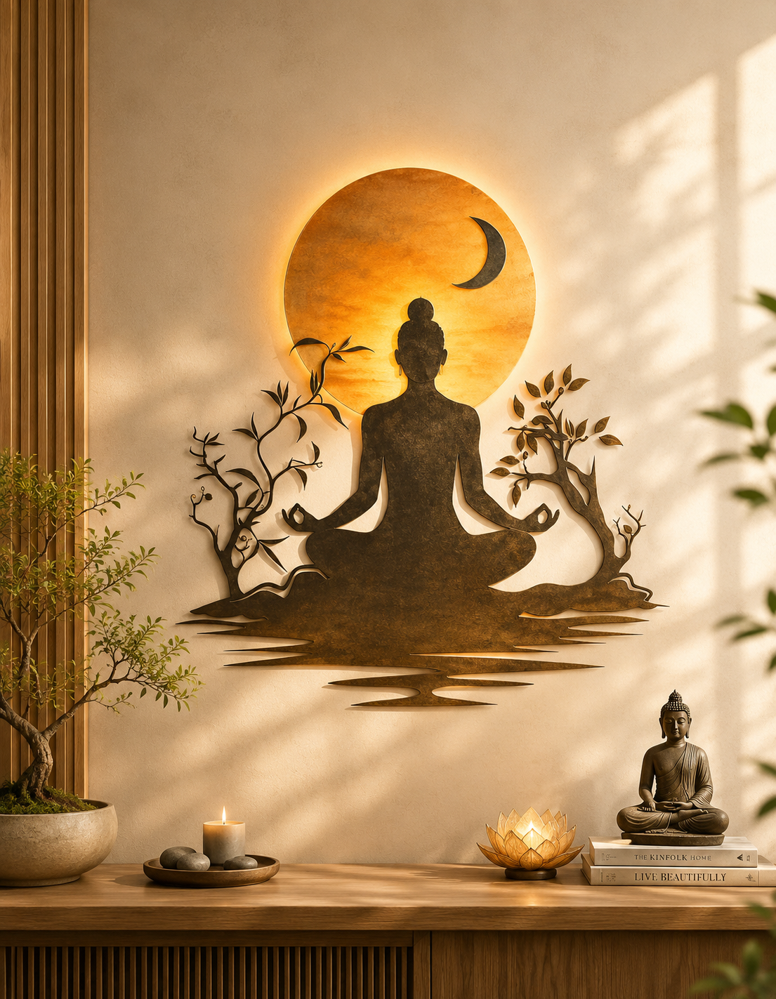 Zen Buddha Meditation Tree Metal Wall Art Sun Moon Silhouette Spiritual Yoga Decor Modern Zen Home Outdoor Patio Gift For Wall Decor Style