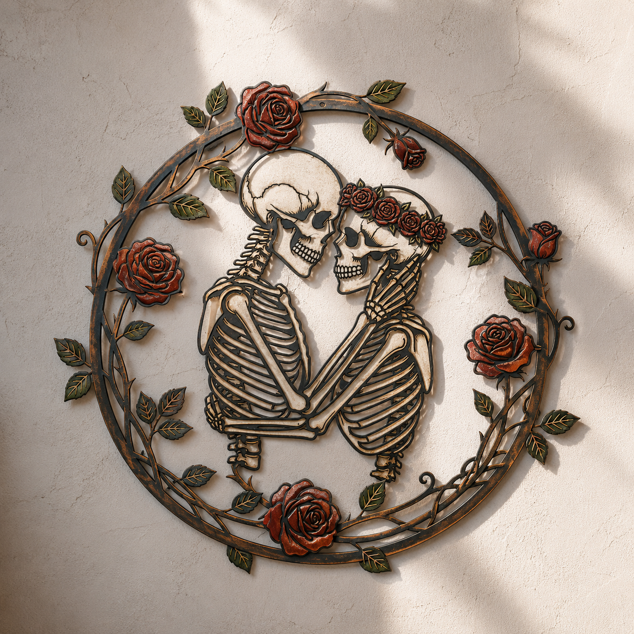 Skeleton Couple Roses Metal Wall Art, Romantic Gothic Bedroom Decor