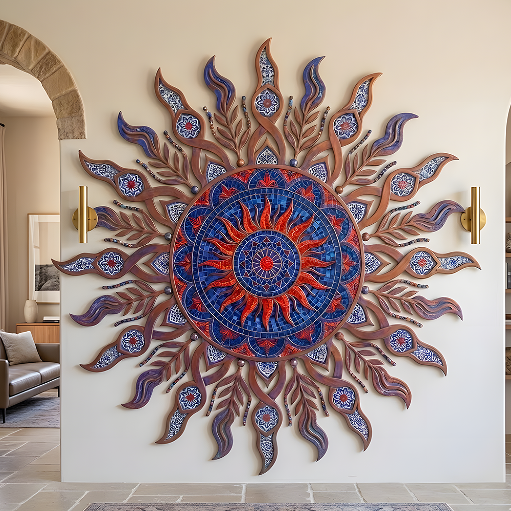 Mediterranean Sunburst Metal Wall Art: UV Printed Patio Decor, Coastal Home Hanging Sign