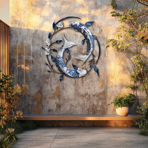 Blue White Koi Fish Metal Wall Art – UV Printed Aluminum Japanese Zen Decor Indoor Outdoor