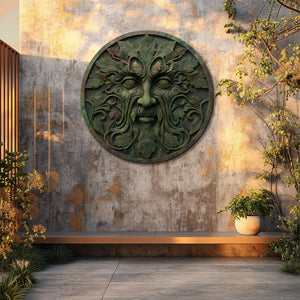 Green Man Face Metal Wall Art – UV Printed Aluminum Forest Spirit Garden Decor Indoor Outdoor