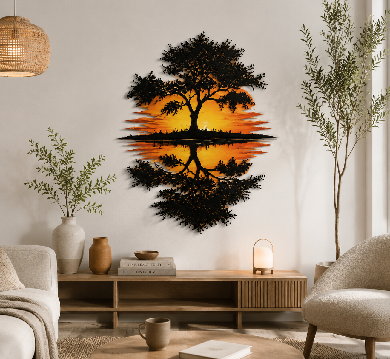Sunset Tree Reflection Metal Wall Art Lake Forest Landscape Wall Decor Outdoor Modern Home Aluminum Metal Sign Nature Wall Hanging Gift