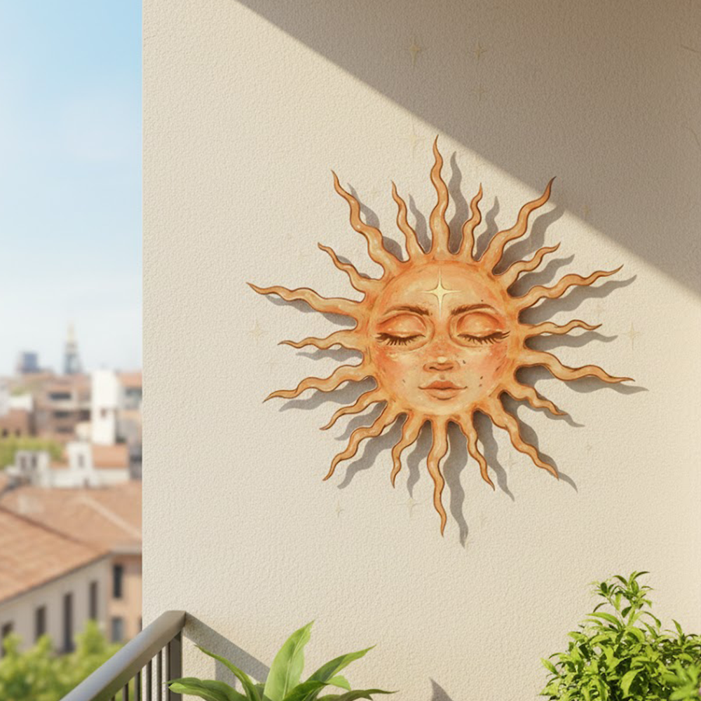 Celestial Sun Face Metal Wall Art – Boho Cosmic Garden Decor Sign