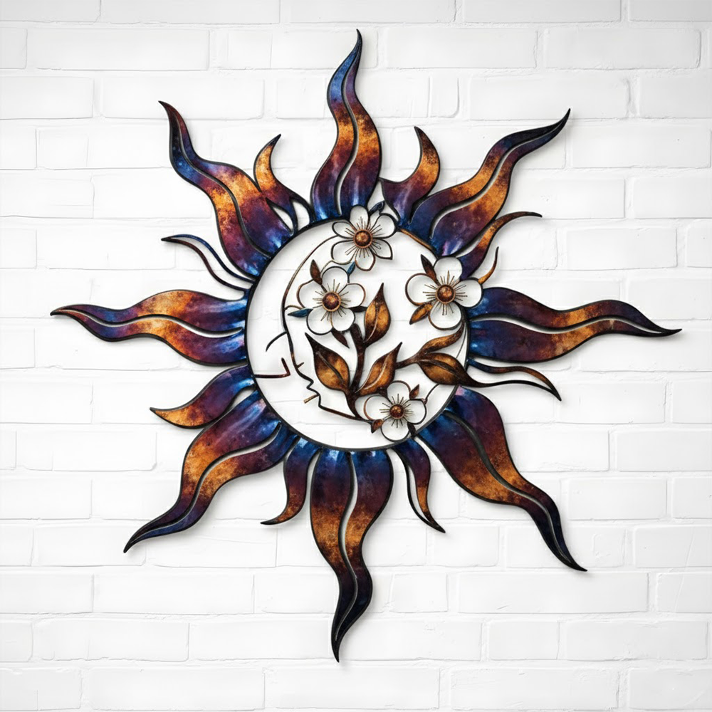 Celestial Sun Moon Floral Metal Wall Art – Boho Cosmic Garden Decor Sign