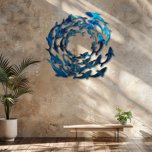 Circle School of Fish Metal Wall Art – UV Printed Coastal Decor Beach Indoor Outdoor