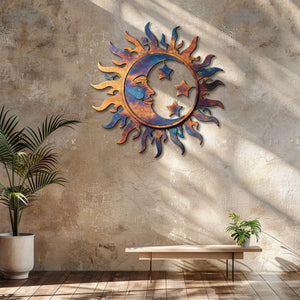 Blue Copper Sun Moon Star Metal Wall Art – UV Printed Decor Boho Indoor Outdoor