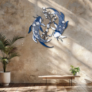 Blue Koi Fish Metal Wall Art – UV Printed Aluminum Japanese Zen Decor Indoor Outdoor