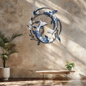 Blue White Koi Fish Metal Wall Art – UV Printed Aluminum Japanese Zen Decor Indoor Outdoor